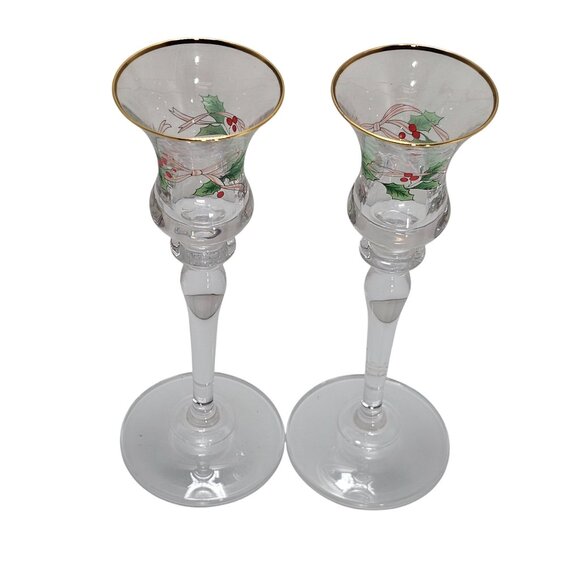 2 Mikasa Ribbon Holly Candlestick Holder 7.75" Christmas Holiday vtg 90s Gold Tr - Picture 2 of 7